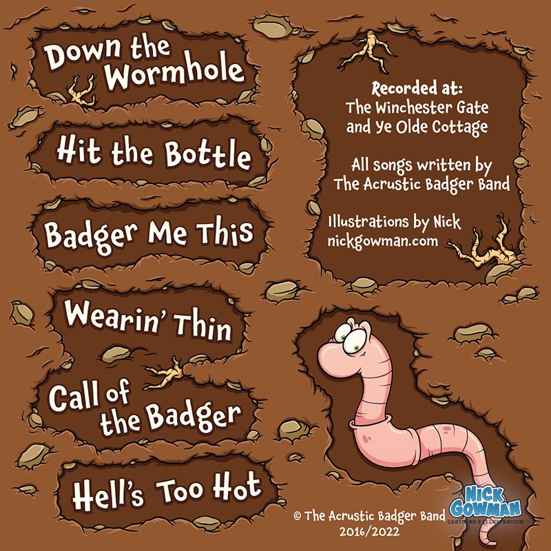 Cartoon badger wormhole EP back cover with worm