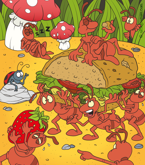 Cartoon Ants Carrying Sandwich