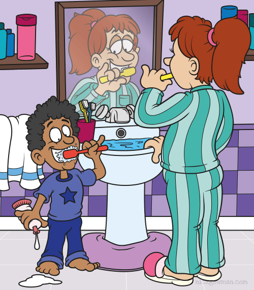 Cartoon mum and boy brushing teeth