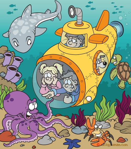 Children in Cartoon Submarine on an adventure