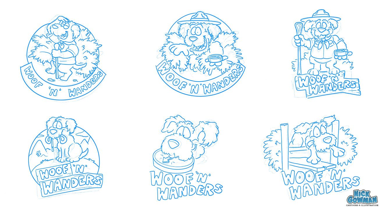 Cartoon dog walking logo initial sketches