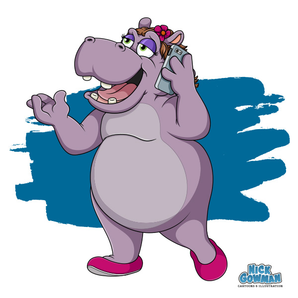 cartoon hippo on the phone