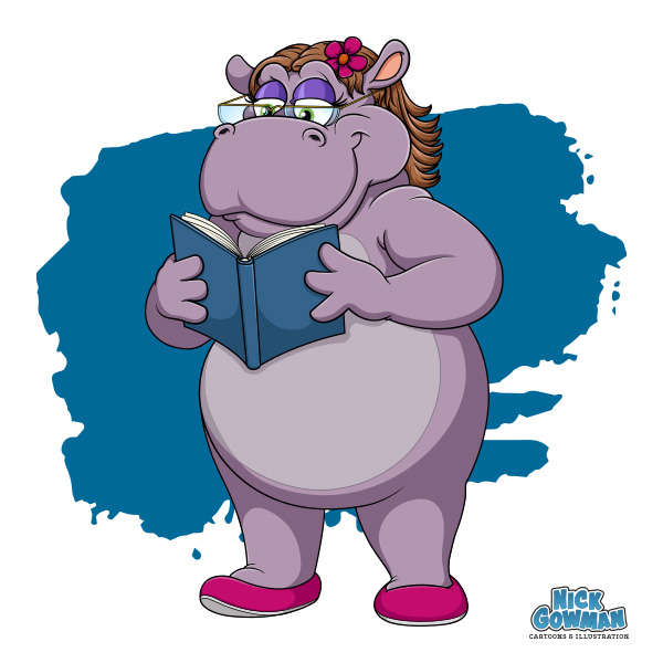 Cartoon hippo reading a book