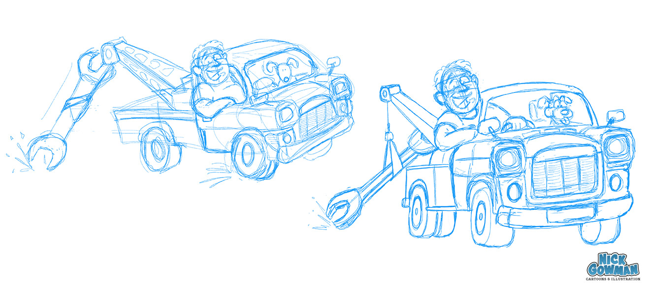 cartoon recovery truck rough sketch