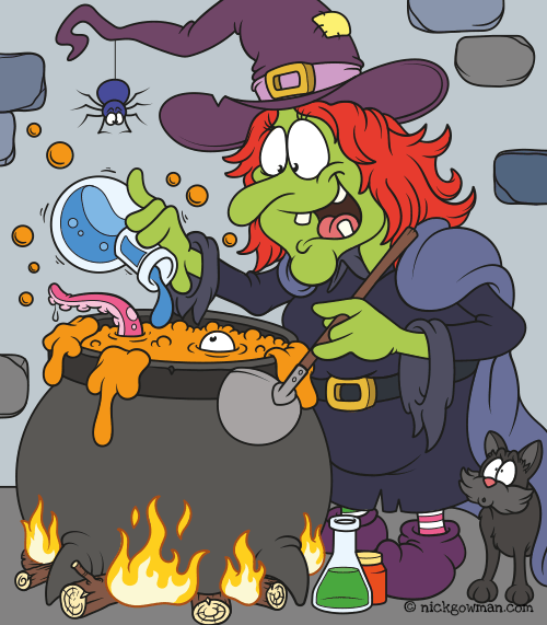 Cartoon Witch Mixing Spells Cauldron