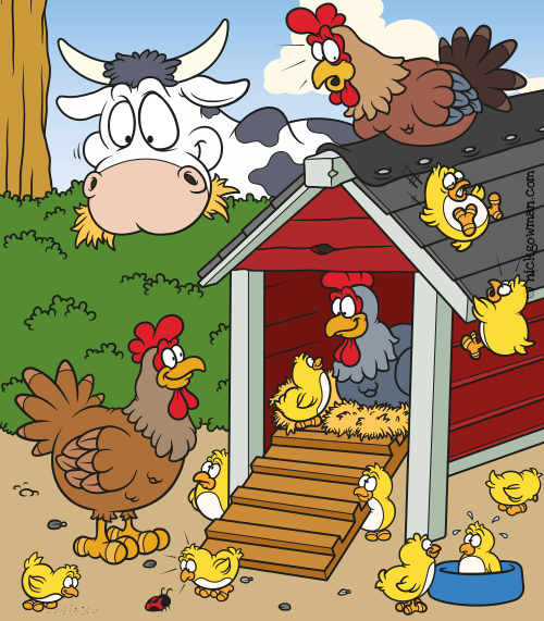 Funny Cartoon Chickens on Farm