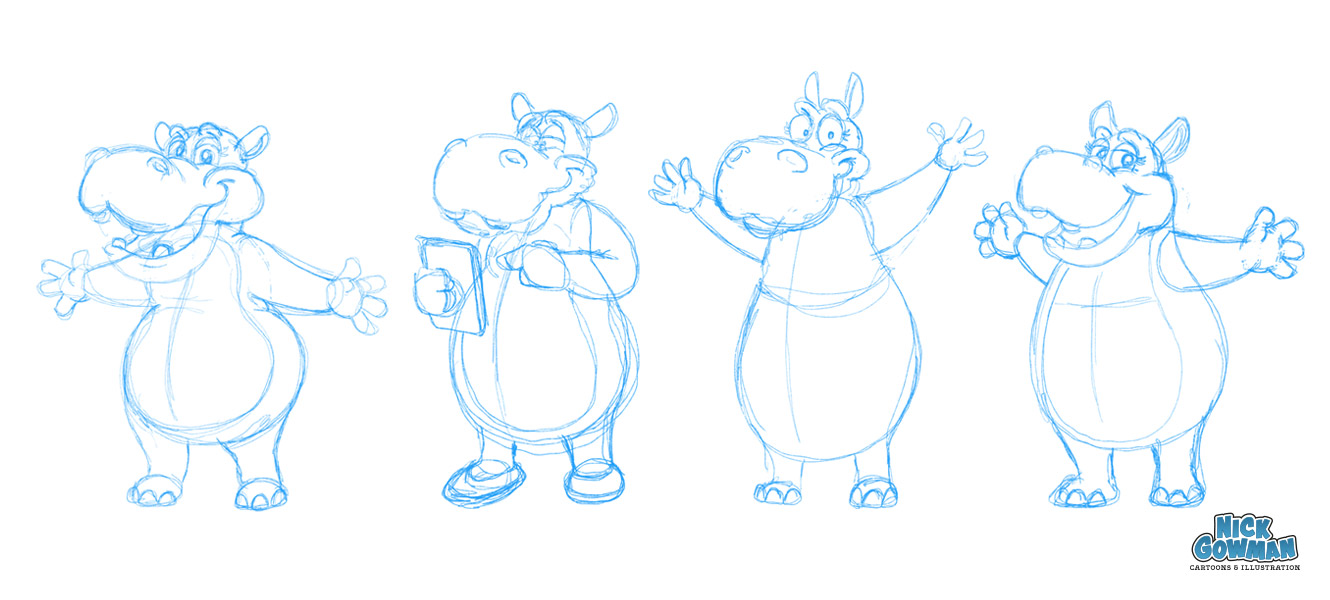 Some initial hippo cartoon character sketches