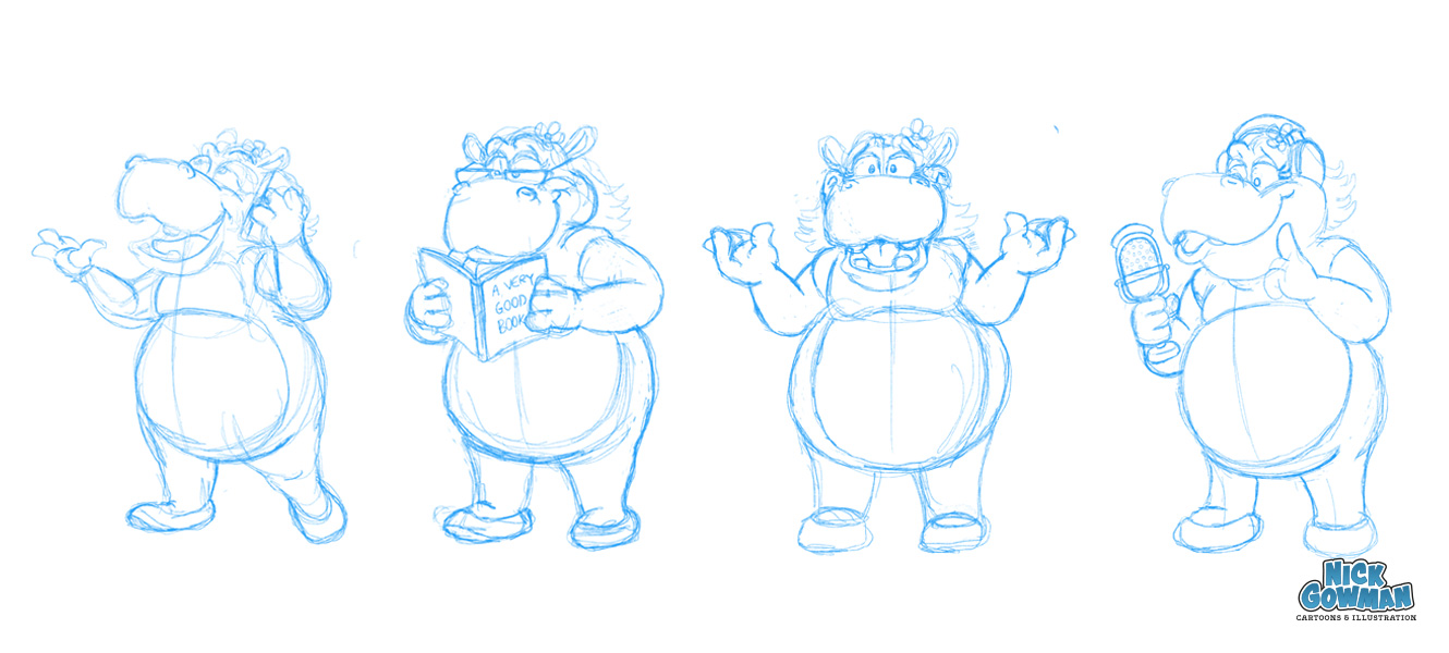 New hippo cartoon characters as initial sketches