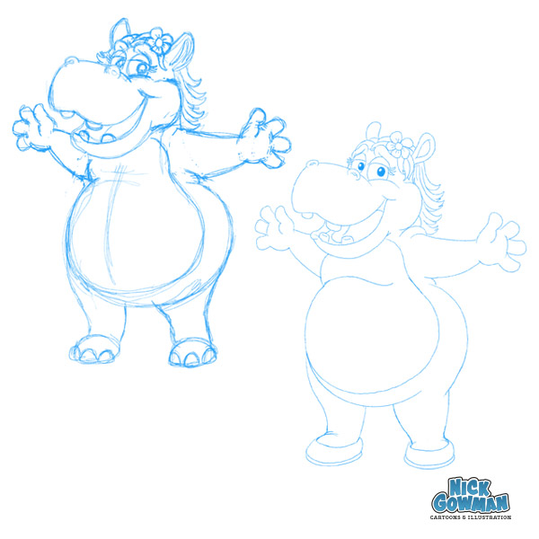 Refined hippo cartoon character sketch