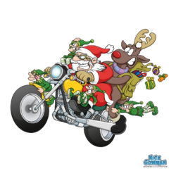 cartoon santa riding on motorbike