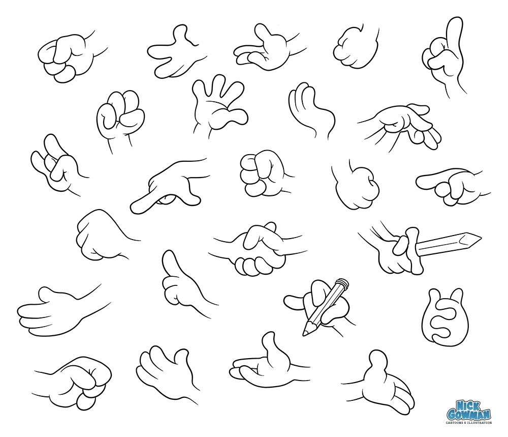 A selection of drawn cartoon hands